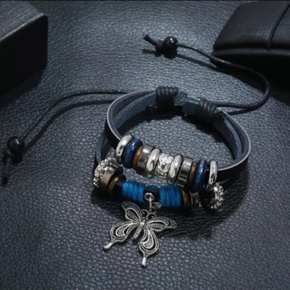 Vintage Butterfly Black PU Leather Adjustable Wrap Bracelet Adjustable Length - Picture 3 of 4